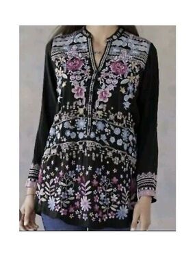 Johnny Was Black Tunic with Pink and Light Blue Floral Embroidery